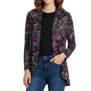 Zoe Classic Geometric Longline Open Front Long Sleeve Cardigan Medium Purple